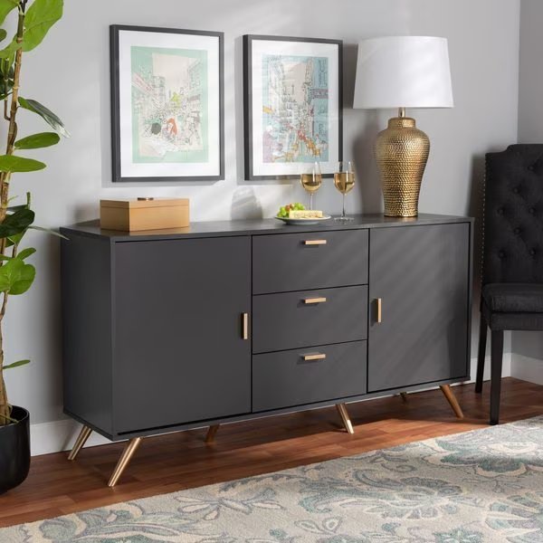 Kelson Modern and Contemporary Dark Grey and Gold Finished Wood 2-Door Sideboard Buffet, Baxton Studio, Mfr#: 189-11577-ZORO